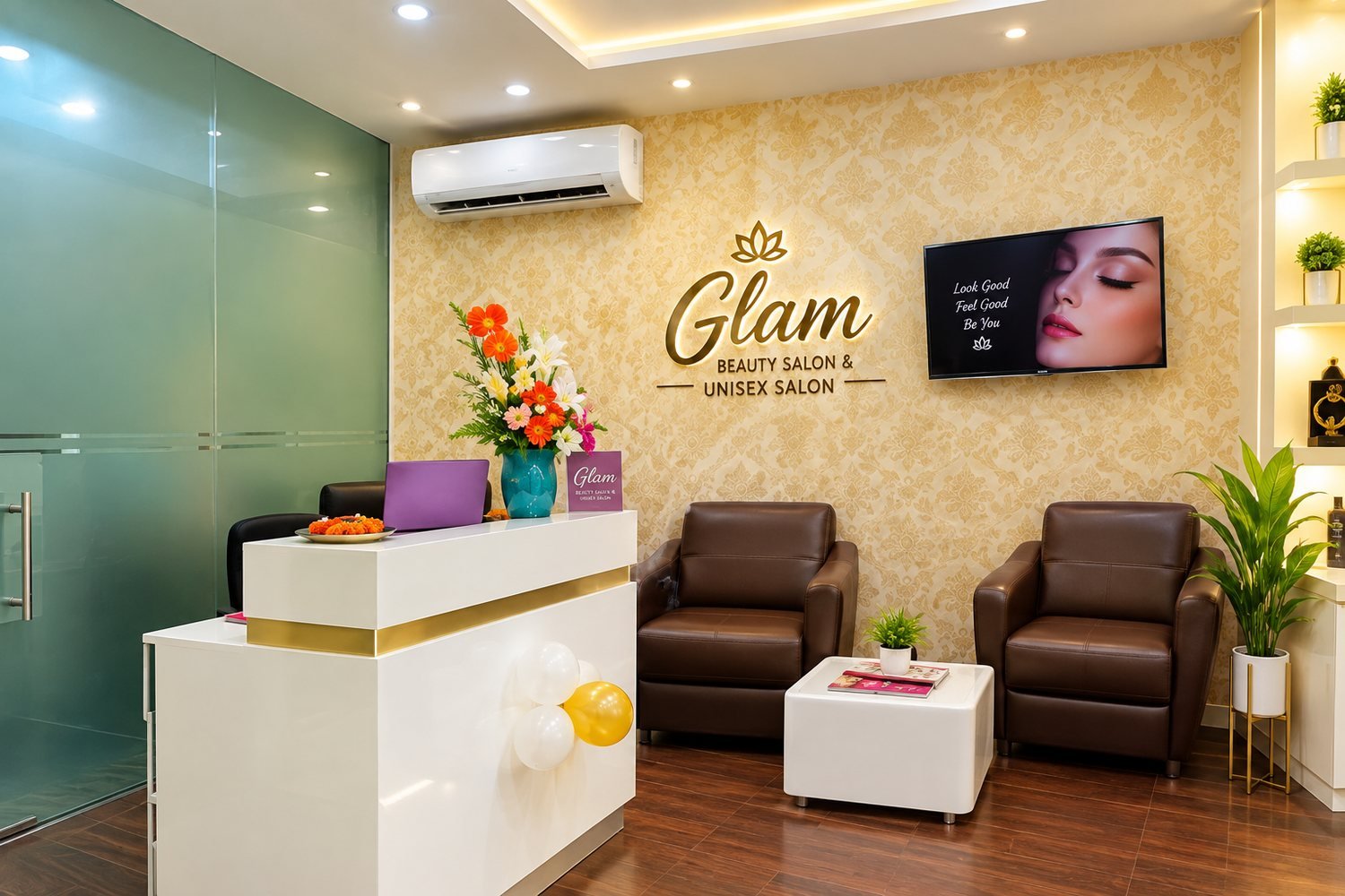 The GLAM reception with a white desk, tan armchairs and the gold Glam wall logo